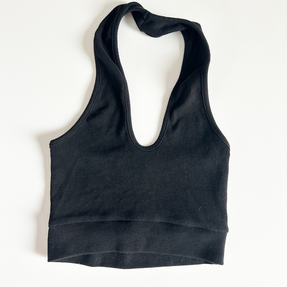 THE KRIPT Womens Basic Black Ribbed Knit Halter Neck Crop‎ Top Tank Size XS